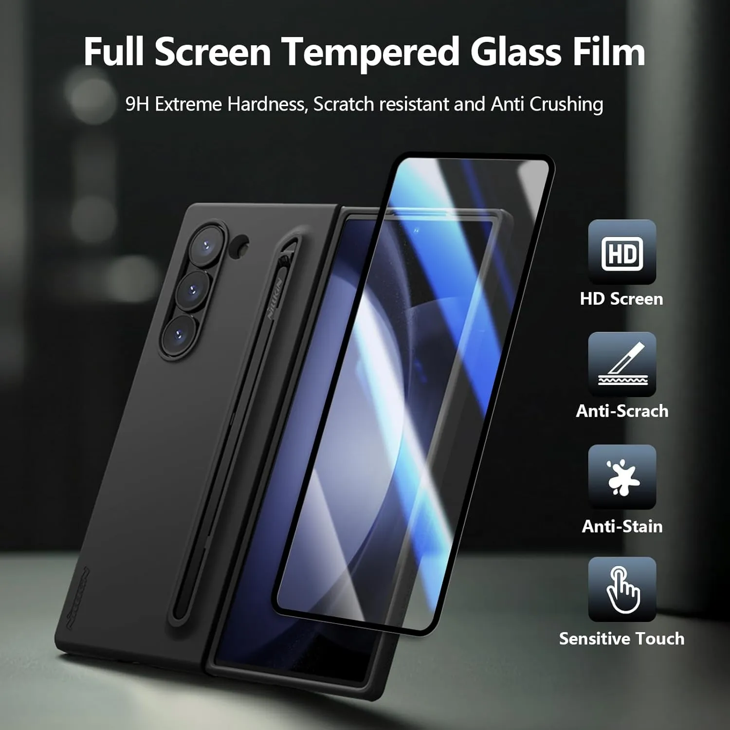 Nillkin for Samsung Fold 6 Case with Upgraded Writing Pen & Front Screen Protecter 【Tempered Glass】, Liquid Silicone & Wireless Charging Protective Samsung Galaxy Z Fold 6 Slim S Pen Phone Case, Black