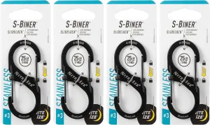 Nite Ize S-Biner Slidelock Stainless Steel - Double-Gated Design - Carabiner Clip with Locking Gates - Dual Carabiner Holder for Keys, Water Bottles & Gear - Size 3, Black, 4 Count (4 Pack)