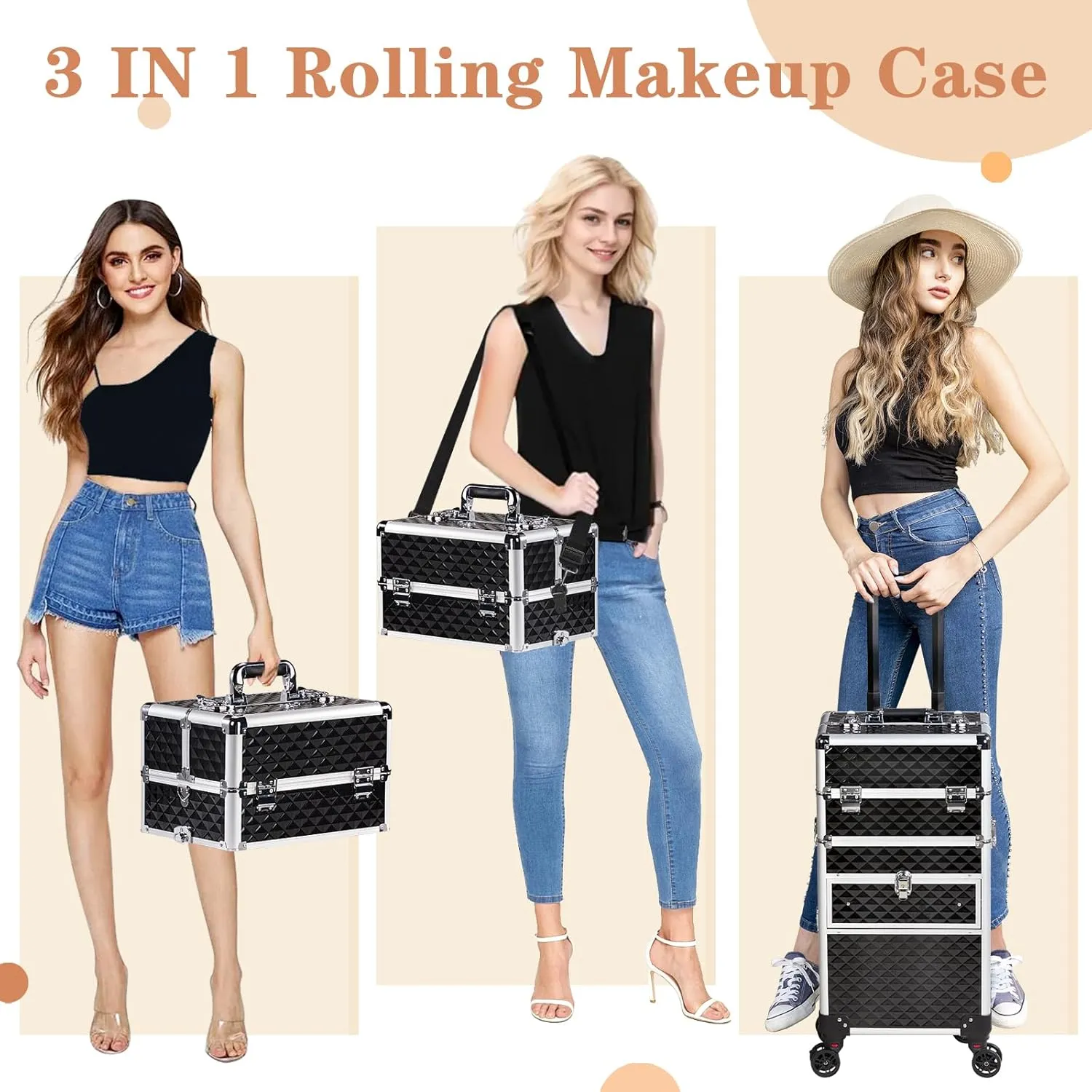 Ochine 3 in 1 Rolling Makeup Train Case, Professional Rolling Makeup Case Cosmetic Trolley, Large Storage Cosmetic Case Salon Barber Case Traveling Cart Trunk for Make Up Hairstylists Nail Tech