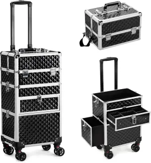 Ochine 3 in 1 Rolling Makeup Train Case, Professional Rolling Makeup Case Cosmetic Trolley, Large Storage Cosmetic Case Salon Barber Case Traveling Cart Trunk for Make Up Hairstylists Nail Tech