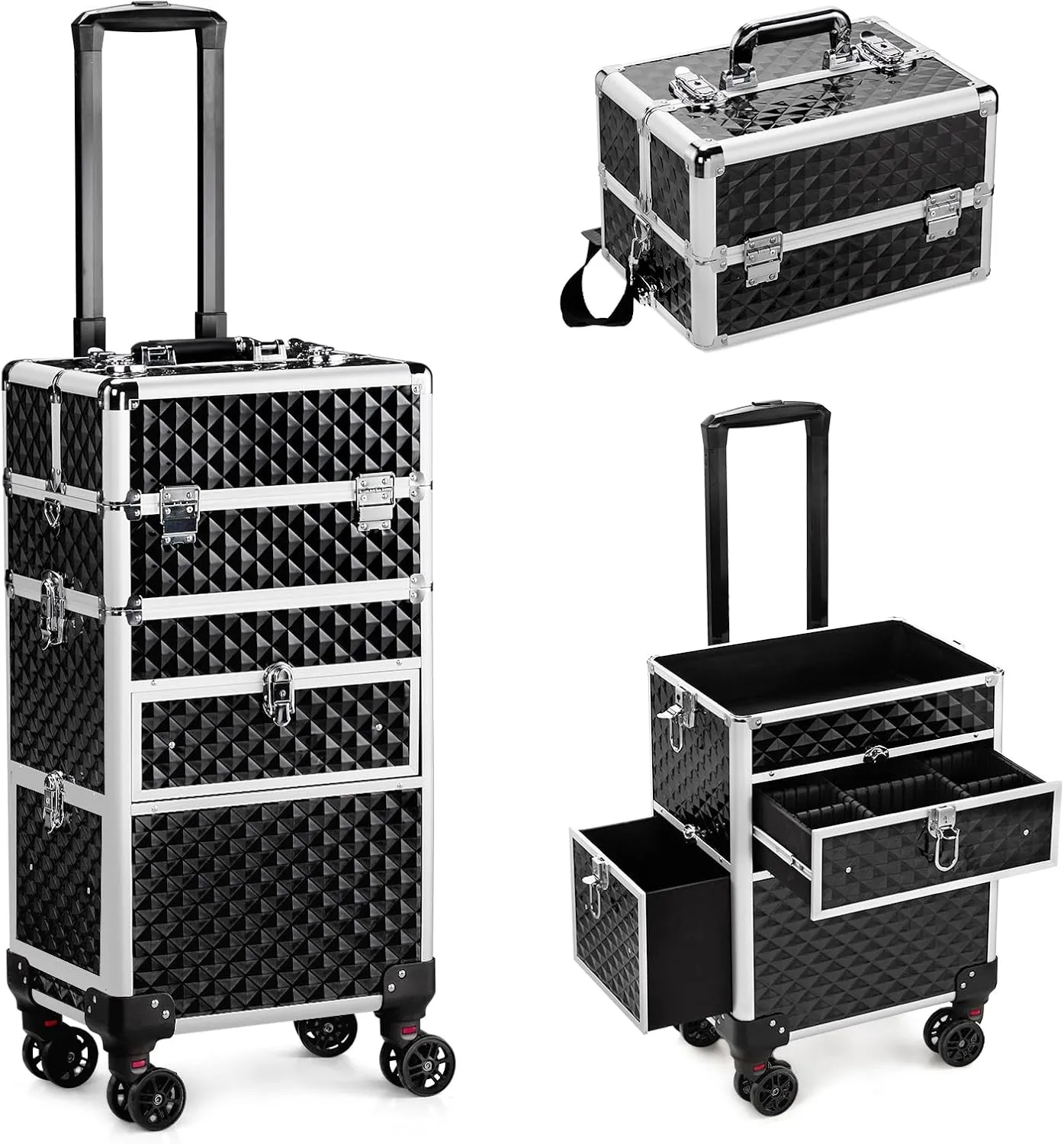 Ochine 3 in 1 Rolling Makeup Train Case, Professional Rolling Makeup Case Cosmetic Trolley, Large Storage Cosmetic Case Salon Barber Case Traveling Cart Trunk for Make Up Hairstylists Nail Tech