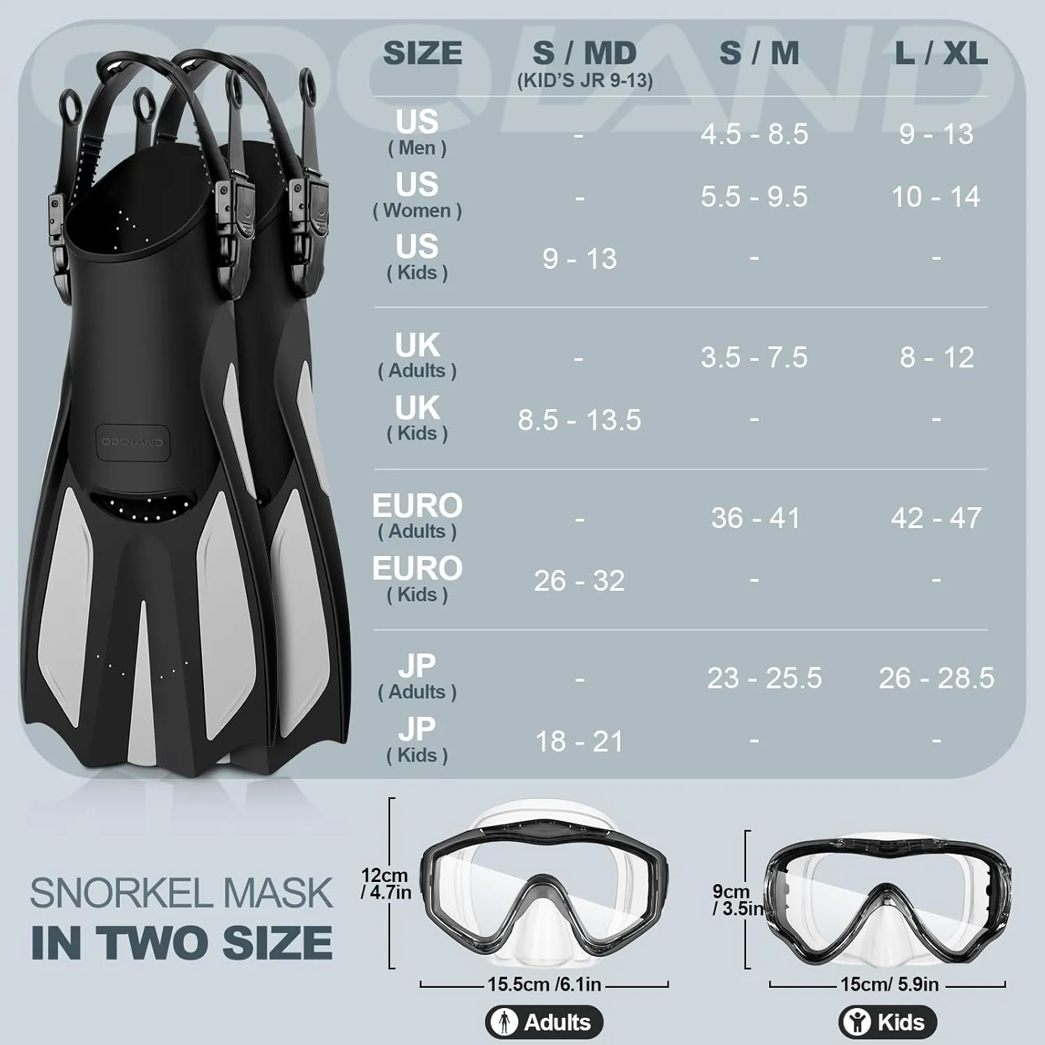 Odoland Snorkel Set, Adults Snorkeling Packages with Dry Top Diving Mask, Adjustable Swim Fins, Mesh Bag, Anti-Fog Anti-Leak Snorkeling Gear for Men Women