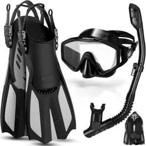 Odoland Snorkel Set, Adults Snorkeling Packages with Dry Top Diving Mask, Adjustable Swim Fins, Mesh Bag, Anti-Fog Anti-Leak Snorkeling Gear for Men Women