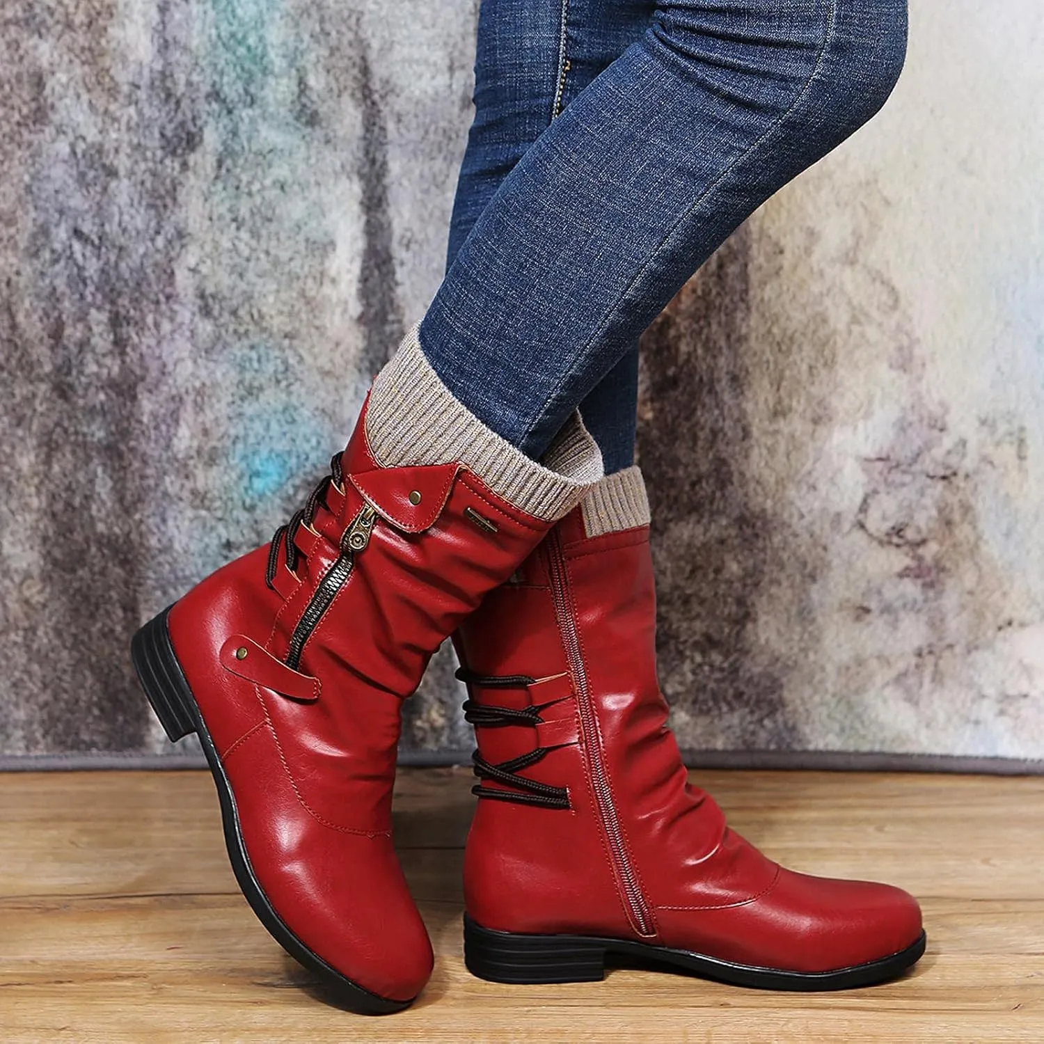 oiangi Womens Boots Fashion Mid Calf Side Zipper Back Lace Up Round Toe Square Heel High Boots Vintage Winter Elastic Comfortable Casual Low Heel Shoes