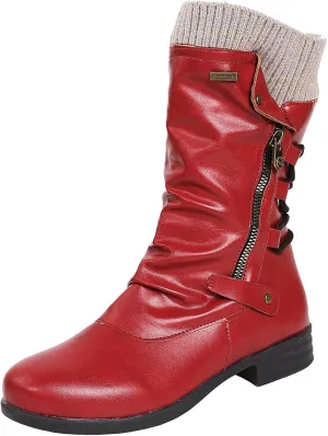 oiangi Womens Boots Fashion Mid Calf Side Zipper Back Lace Up Round Toe Square Heel High Boots Vintage Winter Elastic Comfortable Casual Low Heel Shoes