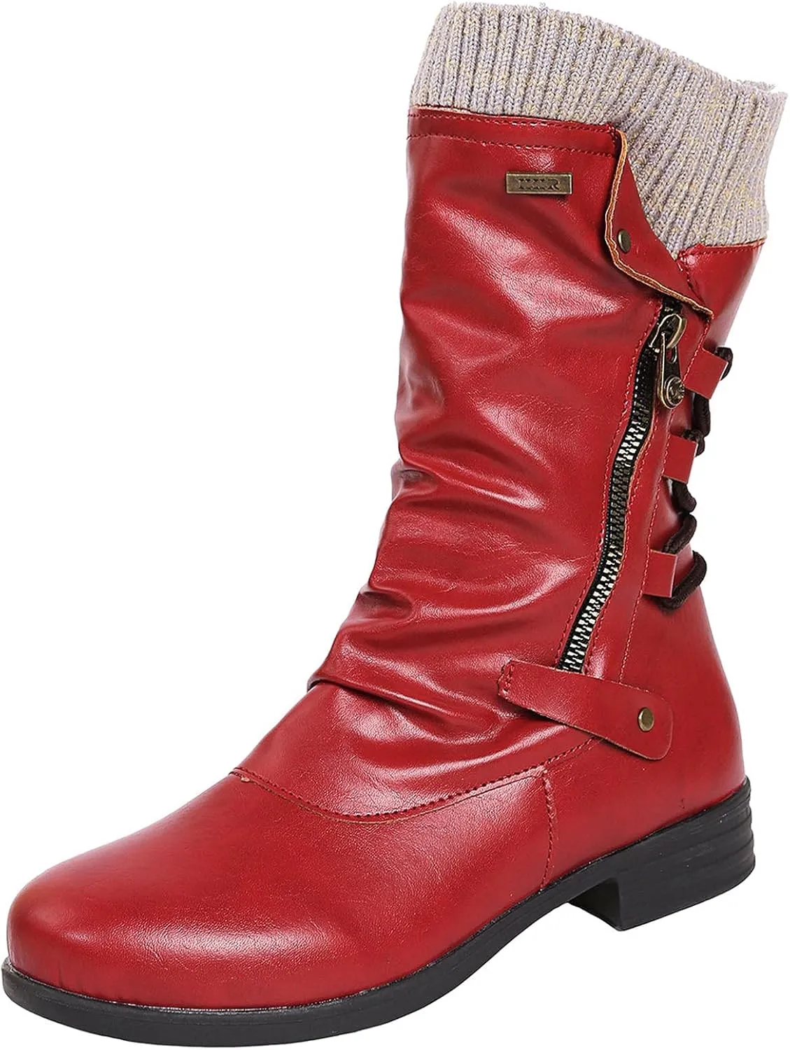 oiangi Womens Boots Fashion Mid Calf Side Zipper Back Lace Up Round Toe Square Heel High Boots Vintage Winter Elastic Comfortable Casual Low Heel Shoes