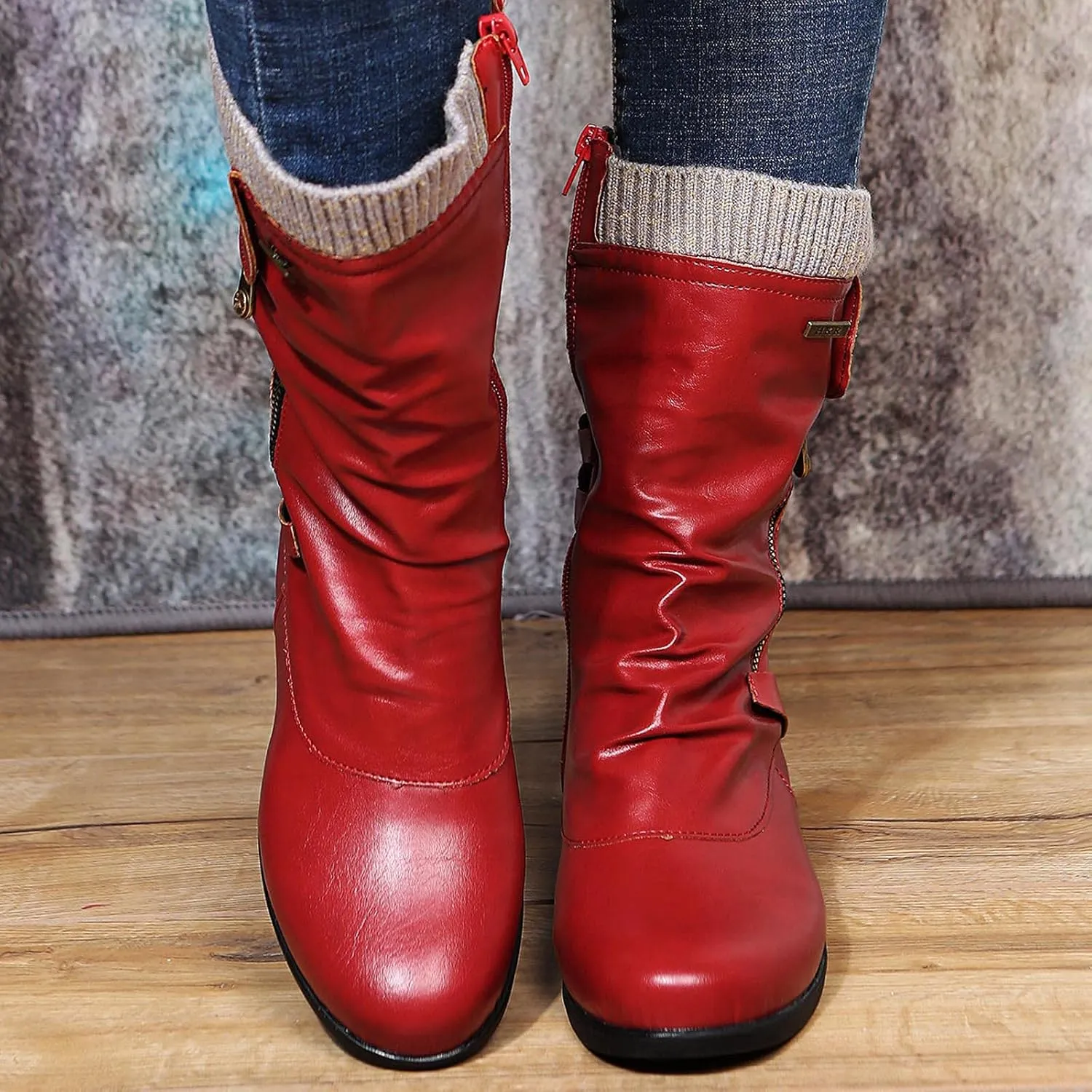 oiangi Womens Boots Fashion Mid Calf Side Zipper Back Lace Up Round Toe Square Heel High Boots Vintage Winter Elastic Comfortable Casual Low Heel Shoes