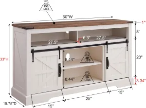 OKD Farmhouse TV Stand for 65  Inch TV, 33" Tall Highboy Entertainment Center w/Sliding Barn Door, Rustic Media Console w/Storage Shelves, Wood Television Stand for Living Room, Antique White