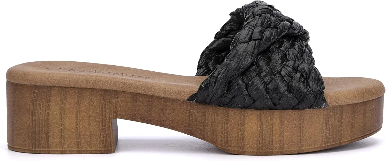 Olivia Miller Women’s Fashion Ladies Shoes, Raffia Trendy Party Woven Braided Criss Cross Clog, Slide On 1.75 Inch Mid Low Platform Block Fashion Heel Sandals