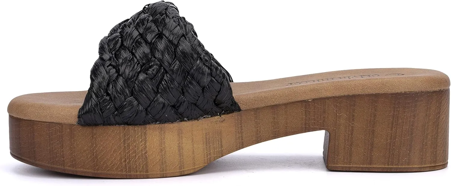 Olivia Miller Women’s Fashion Ladies Shoes, Raffia Trendy Party Woven Braided Criss Cross Clog, Slide On 1.75 Inch Mid Low Platform Block Fashion Heel Sandals