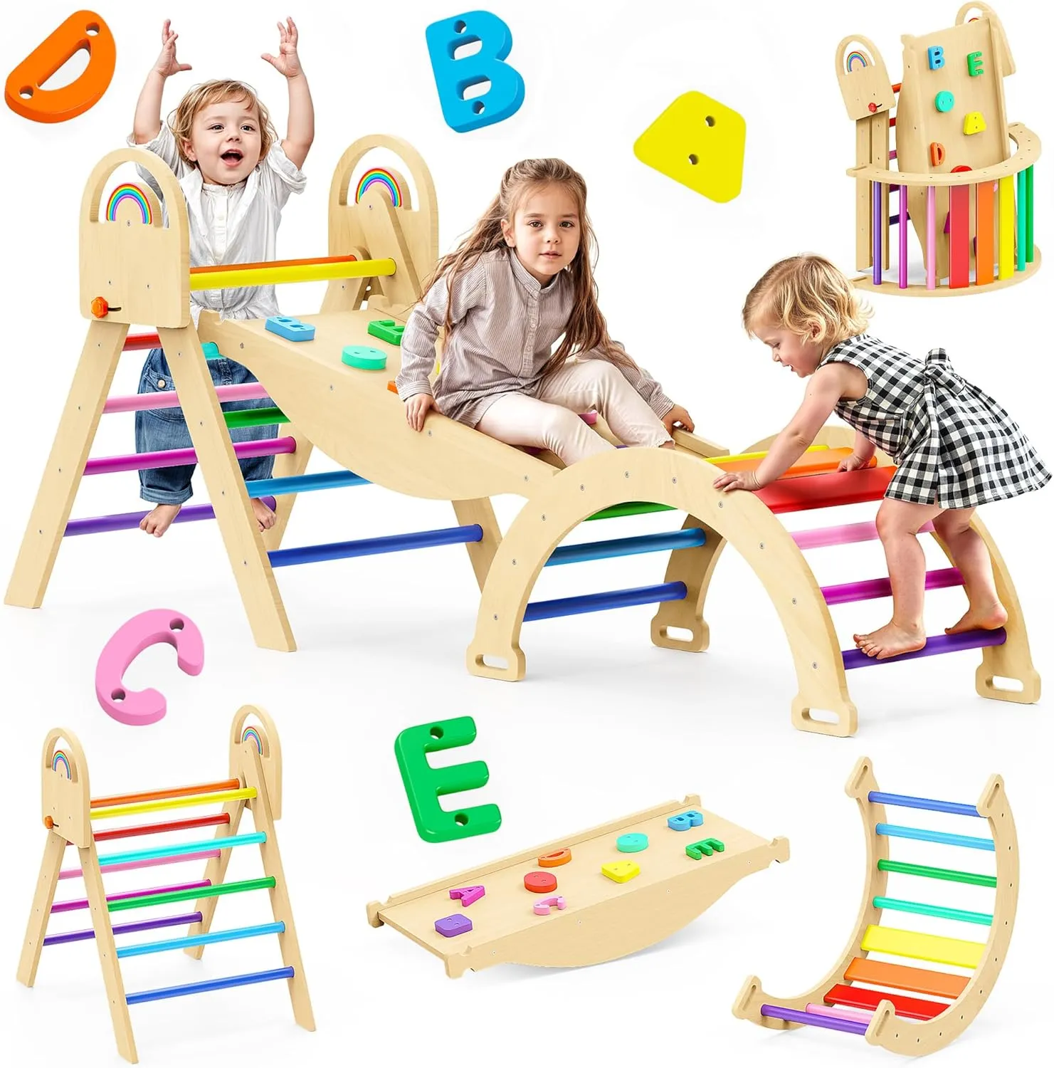 Pikler Triangle Set, 9-in-1 Foldable Wooden Climbing Toy for Toddler 18M-7Y, Montessori Climber Gifts, Indoor Jungle Gym with Arch&Ramp&Ladder for Kids to Learning Through Playing