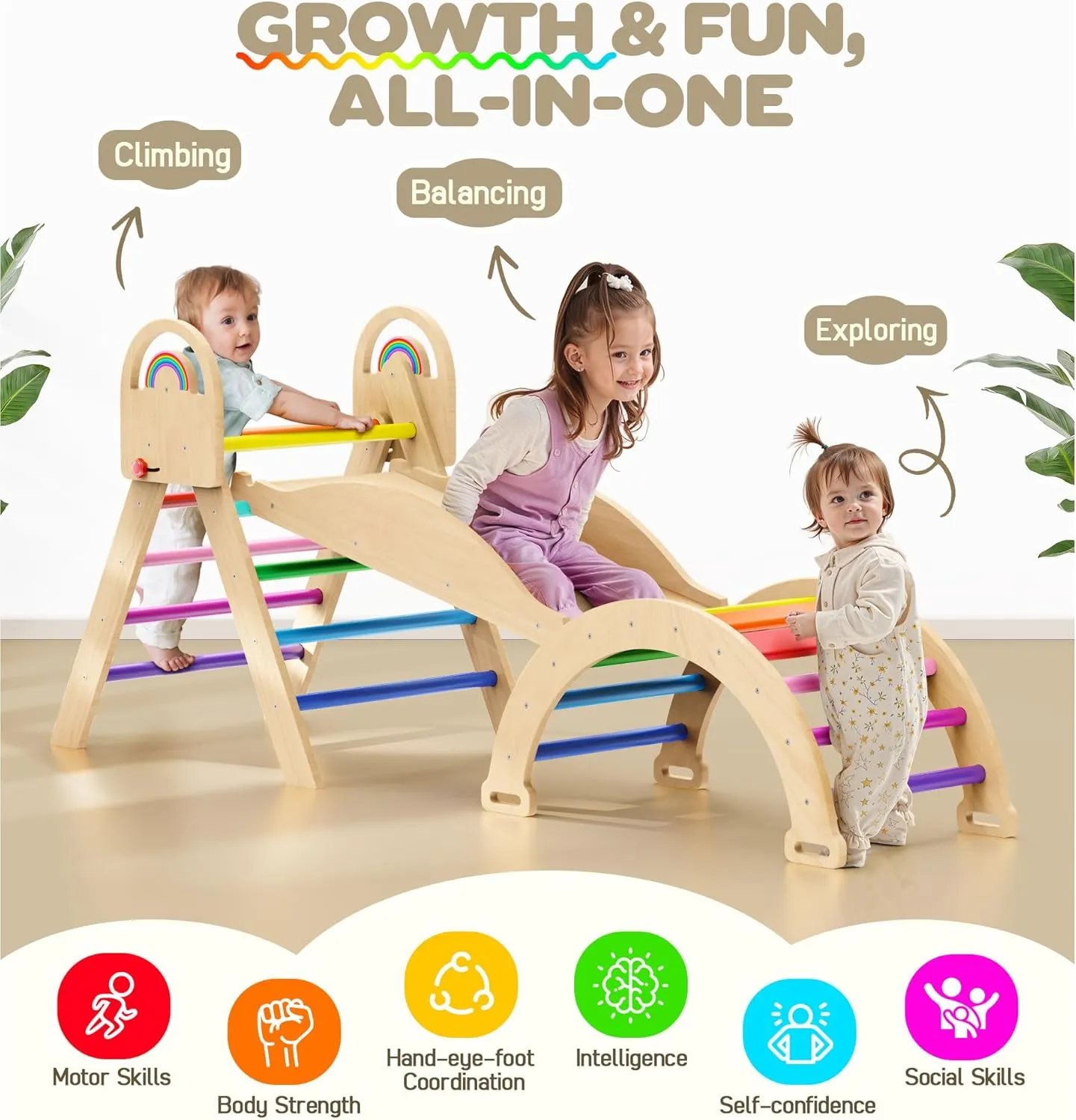 Pikler Triangle Set, 9-in-1 Foldable Wooden Climbing Toy for Toddler 18M-7Y, Montessori Climber Gifts, Indoor Jungle Gym with Arch&Ramp&Ladder for Kids to Learning Through Playing