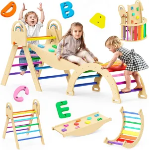 Pikler Triangle Set, 9-in-1 Foldable Wooden Climbing Toy for Toddler 18M-7Y, Montessori Climber Gifts, Indoor Jungle Gym with Arch&Ramp&Ladder for Kids to Learning Through Playing
