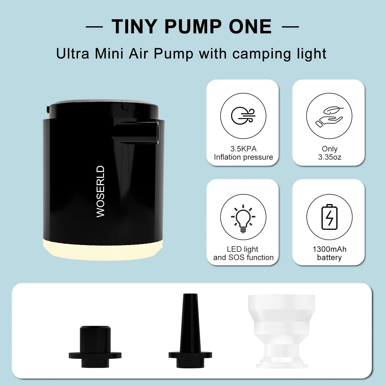 Portable Air Pump, Ultra-Mini Air Pump for Inflatables 1300mAh Battery & Camping Light Inflator Rechargeable Air Mattress Pump for Sleeping Pads, Vacuum Storage Bags, Swimming Rings