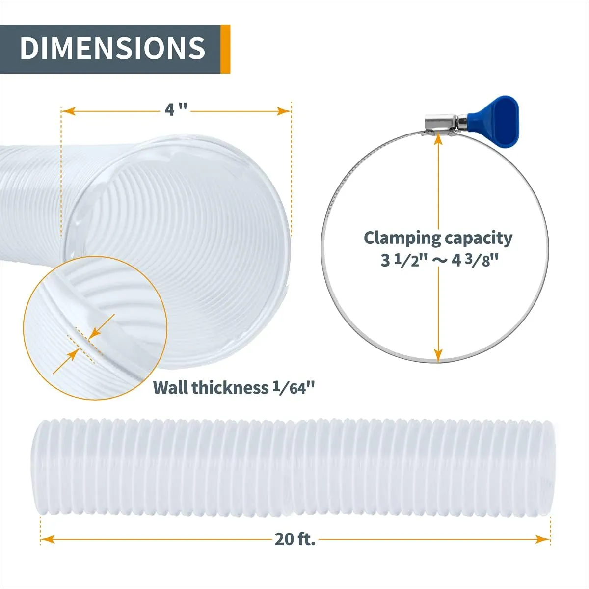 POWERTEC 4" x 20' Flexible PVC Dust Collection Hose with 2pcs Key Hose Clamps and Dust Port Adapter for Table Saw, Band Saw, Planer, Jointer, Woodworking and Woodshop Dust Collection System (70434)