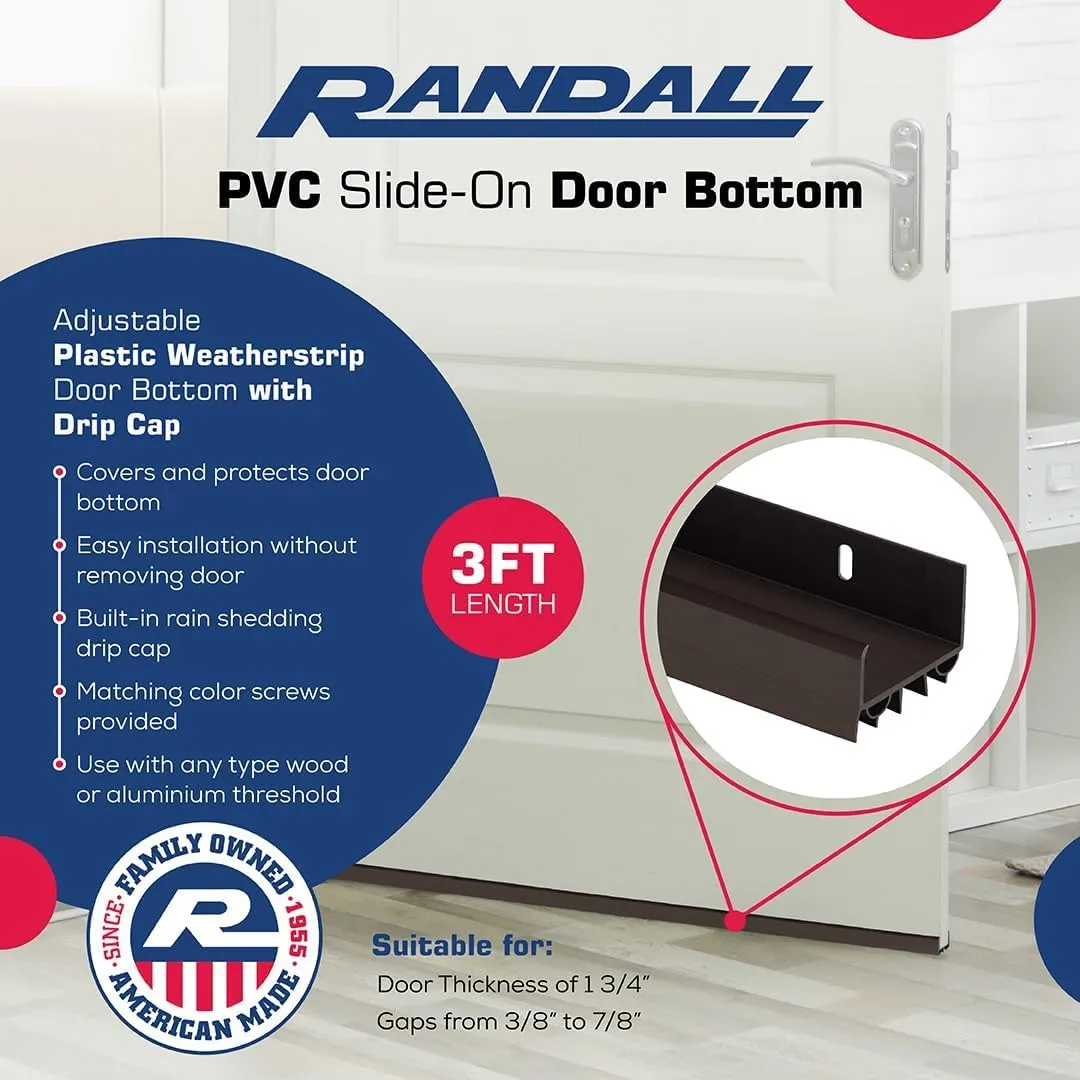 PVC Slide-On Door Bottom | Adjustable Plastic Weatherstrip Door Bottom with Drip Cap | 3 Feet (36-Inch) | for 1 3/4” Doors | Brown | Fits Gaps 3/8” to 7/8” | Made in The USA
