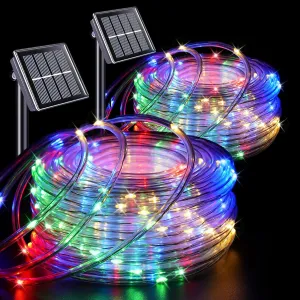 QITONG Trampoline Lights, 2 Pack Each 33ft 100 LED Solar Rope Lights Outdoor Waterproof, 8 Modes Clear Tube String Light for Trampoline Camping Tent Patio Porch Garden(Multicolor)
