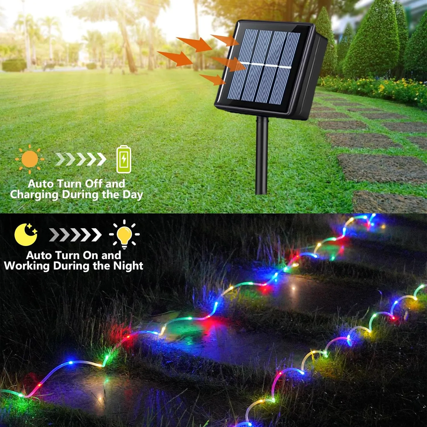 QITONG Trampoline Lights, 2 Pack Each 33ft 100 LED Solar Rope Lights Outdoor Waterproof, 8 Modes Clear Tube String Light for Trampoline Camping Tent Patio Porch Garden(Multicolor)