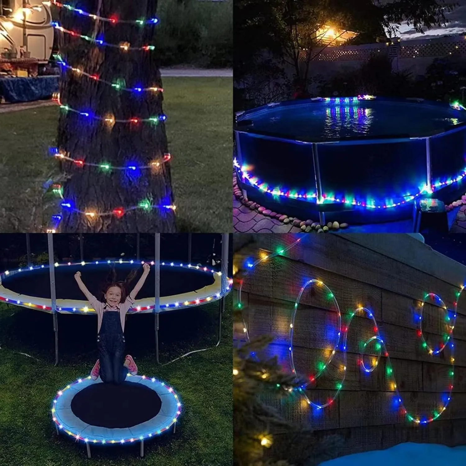 QITONG Trampoline Lights, 2 Pack Each 33ft 100 LED Solar Rope Lights Outdoor Waterproof, 8 Modes Clear Tube String Light for Trampoline Camping Tent Patio Porch Garden(Multicolor)