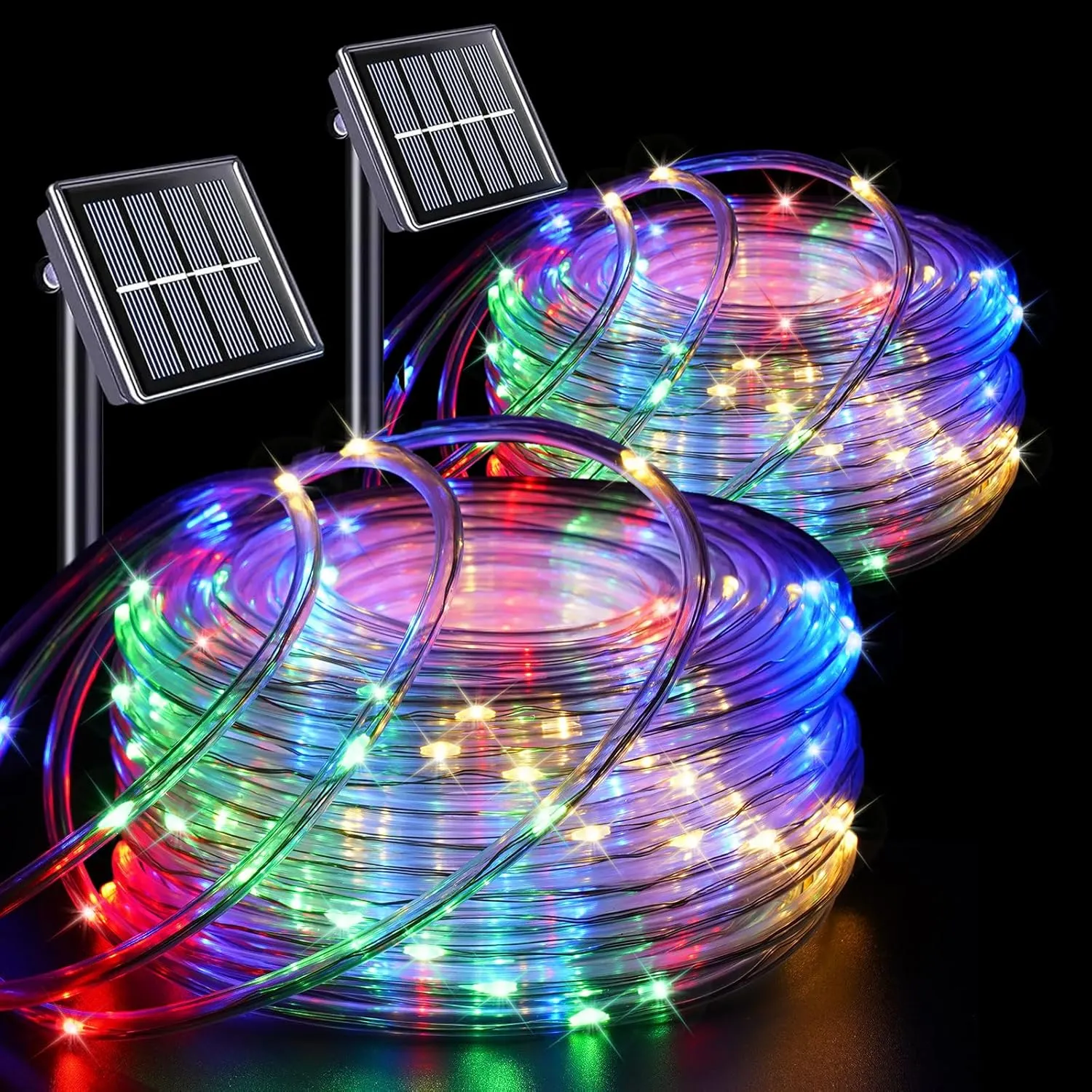 QITONG Trampoline Lights, 2 Pack Each 33ft 100 LED Solar Rope Lights Outdoor Waterproof, 8 Modes Clear Tube String Light for Trampoline Camping Tent Patio Porch Garden(Multicolor)