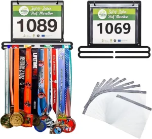 Race Bib and Medal Display Hanger - Holds 40  Medals & 20 Race Bibs with Flip Vinyl Sleeves, Running Bib Holder, Send to Great Gift for Marathoner, Swimmer athletes and Disabled athletes