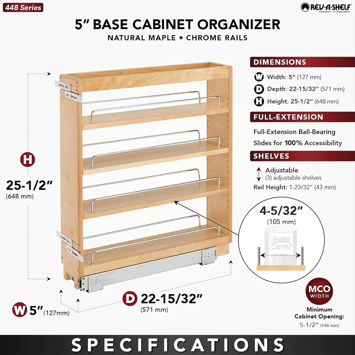 Rev-A-Shelf 5" Pullout Kitchen Cabinet Storage Organizer Slide Out Pantry Spice Rack with Adjustable Shelves for 5.5" W Cabinet Opening, 448-BC-5C