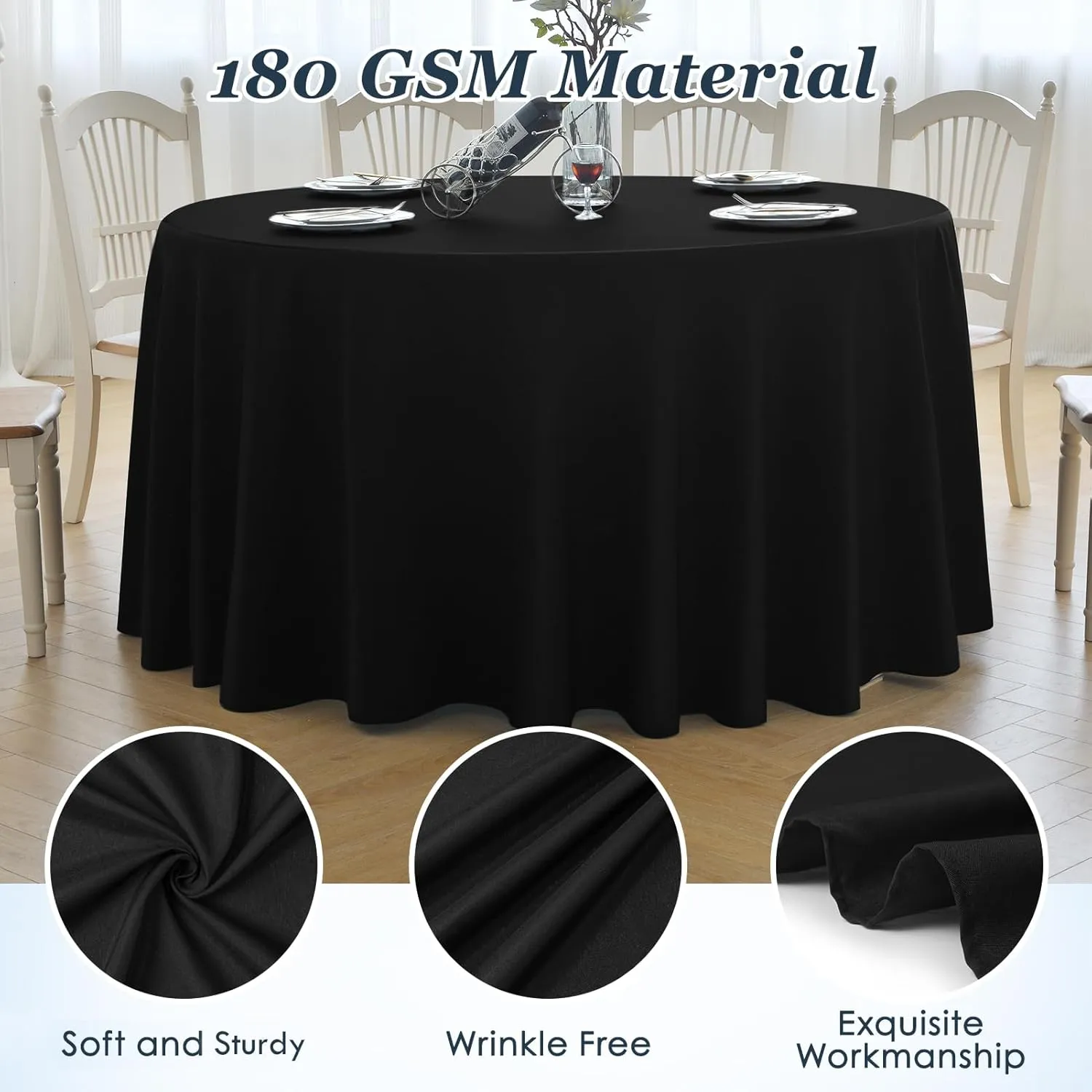 Round Tablecloth,6 Pack 120inch Stain and Wrinkle Resistant Polyester Table Cloth,Decorative Fabric Table Cover for Kitchen,Dinning,Party,Wedding Round(Black)