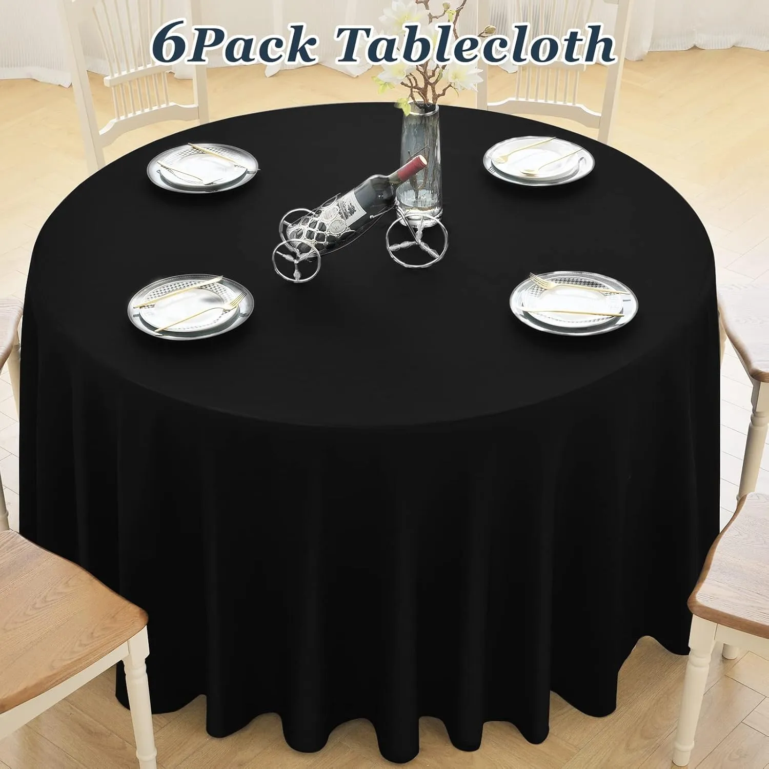 Round Tablecloth,6 Pack 120inch Stain and Wrinkle Resistant Polyester Table Cloth,Decorative Fabric Table Cover for Kitchen,Dinning,Party,Wedding Round(Black)