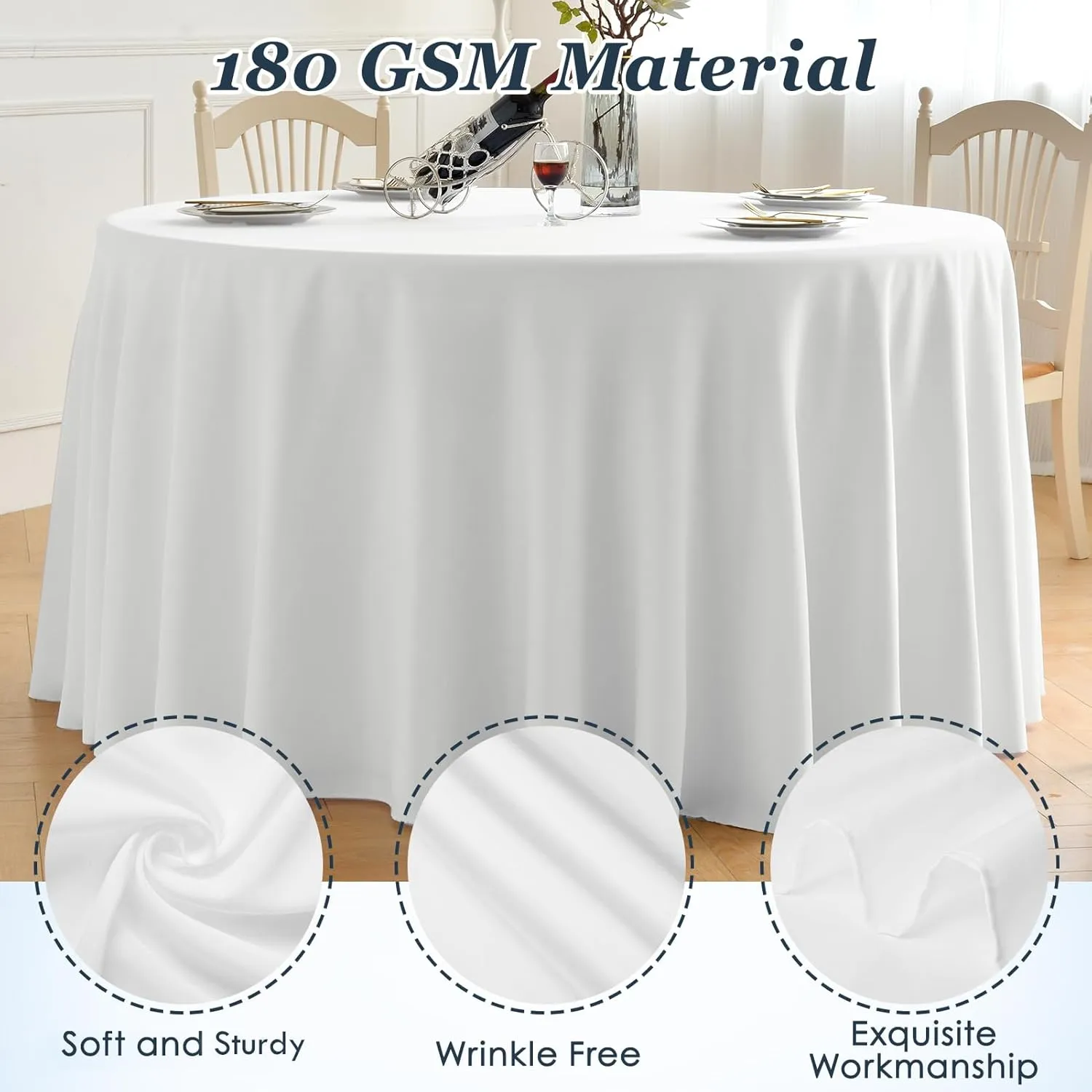 Round Tablecloth,6 Pack 120inch Stain and Wrinkle Resistant Polyester Table Cloth,Decorative Fabric Table Cover for Kitchen,Dinning,Party,Wedding Round(White)