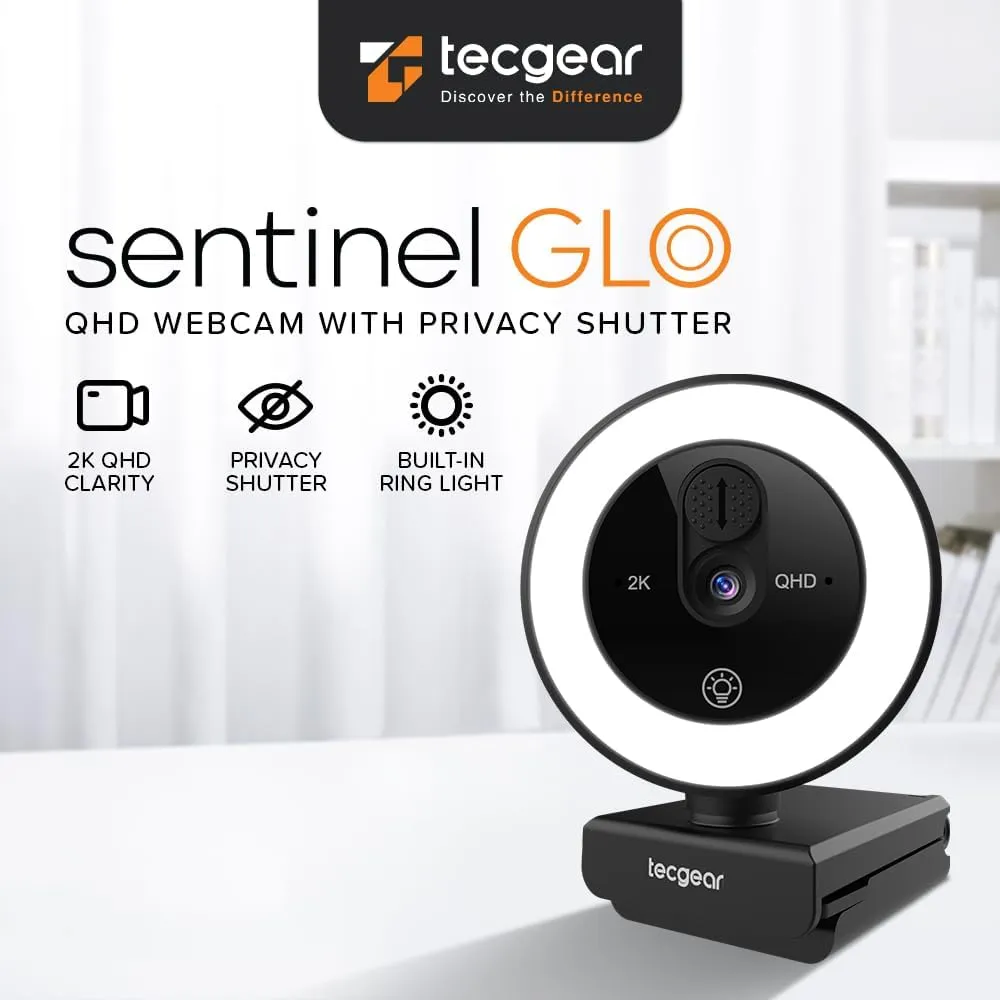Sentinel Glo, 2K Webcam with Ring Light, Built-in Privacy Shutter, Auto Focus QHD Resolution Privacy Lens Cover, Built-in Microphone