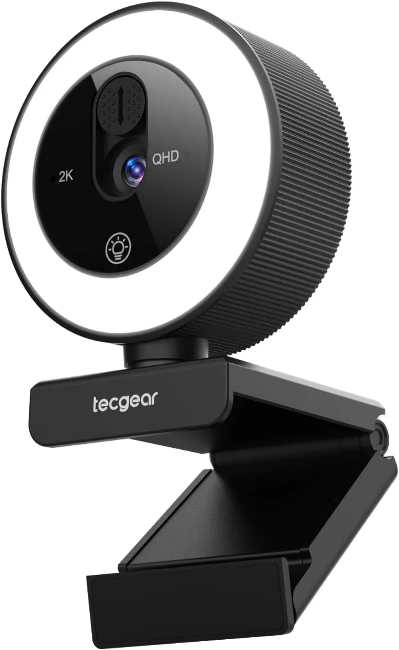 Sentinel Glo, 2K Webcam with Ring Light, Built-in Privacy Shutter, Auto Focus QHD Resolution Privacy Lens Cover, Built-in Microphone