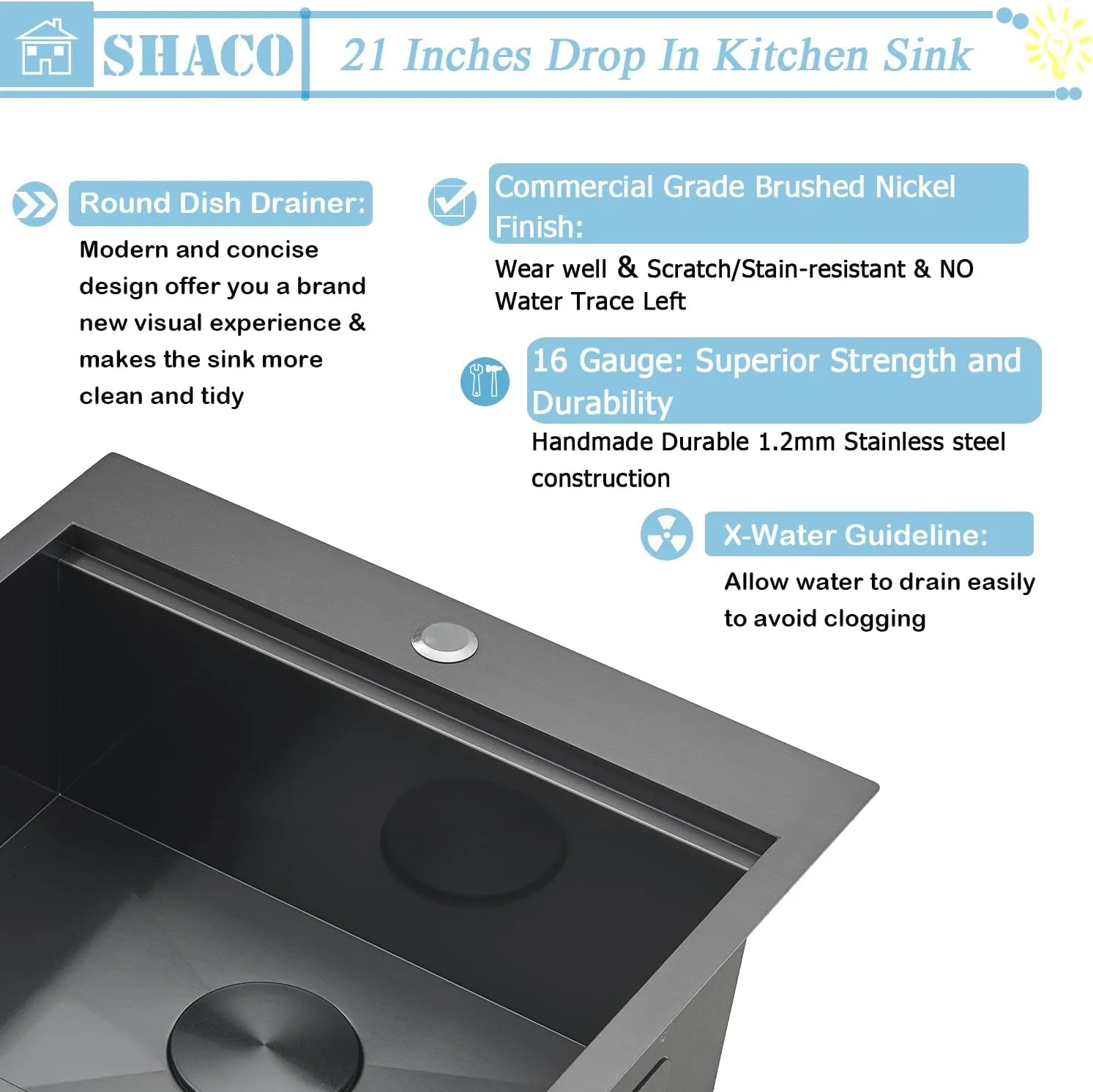 SHACO 21 Inch Black Drop In Kitchen Sink, 21x20 Inch Gunmetal Black Top Mount 16 Gauge Stainless Steel Single Bowl Workstation RV Small Kitchen Outdoor Laundry Wet Prep Sink with Accessories