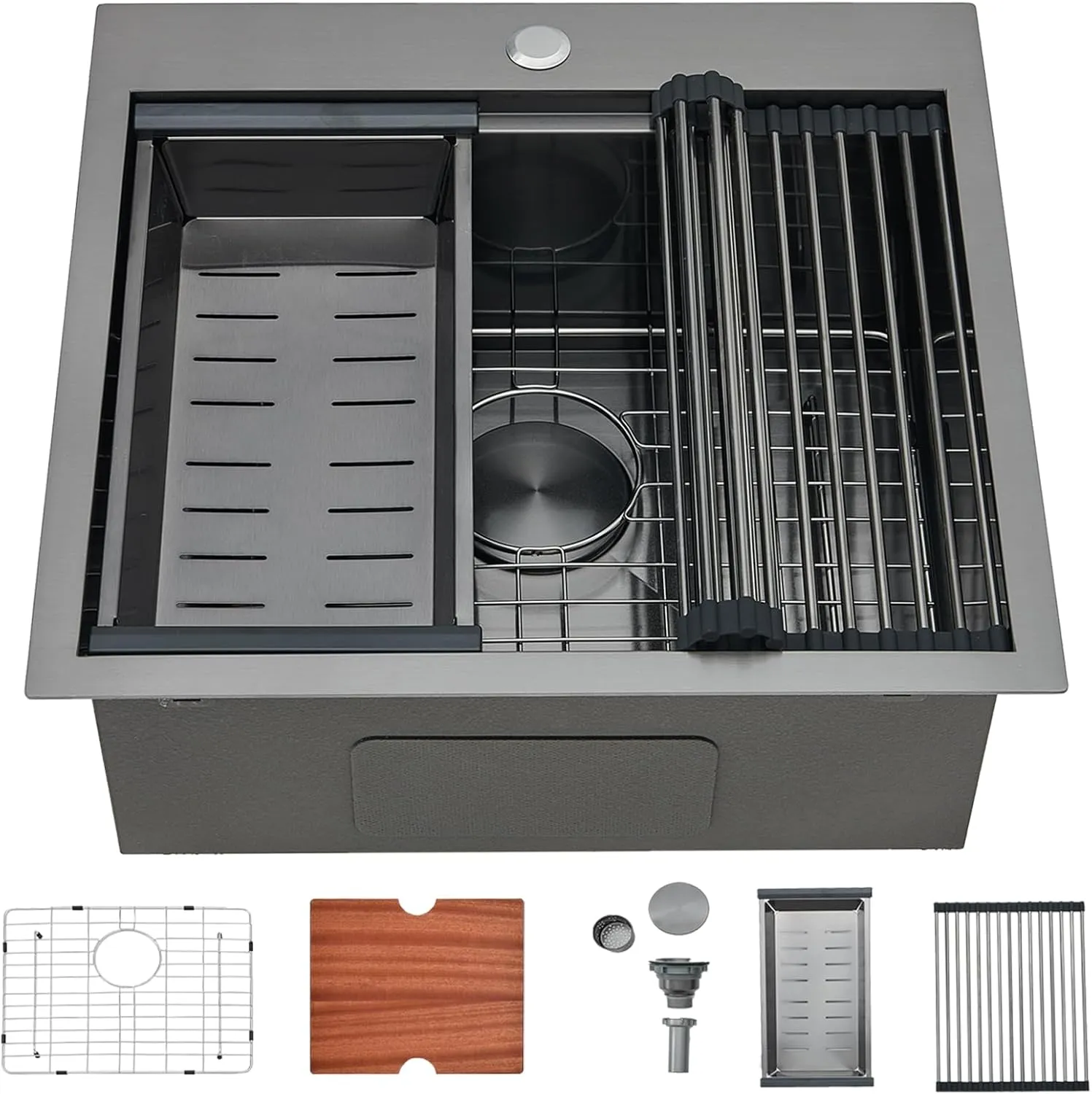 SHACO 21 Inch Black Drop In Kitchen Sink, 21x20 Inch Gunmetal Black Top Mount 16 Gauge Stainless Steel Single Bowl Workstation RV Small Kitchen Outdoor Laundry Wet Prep Sink with Accessories