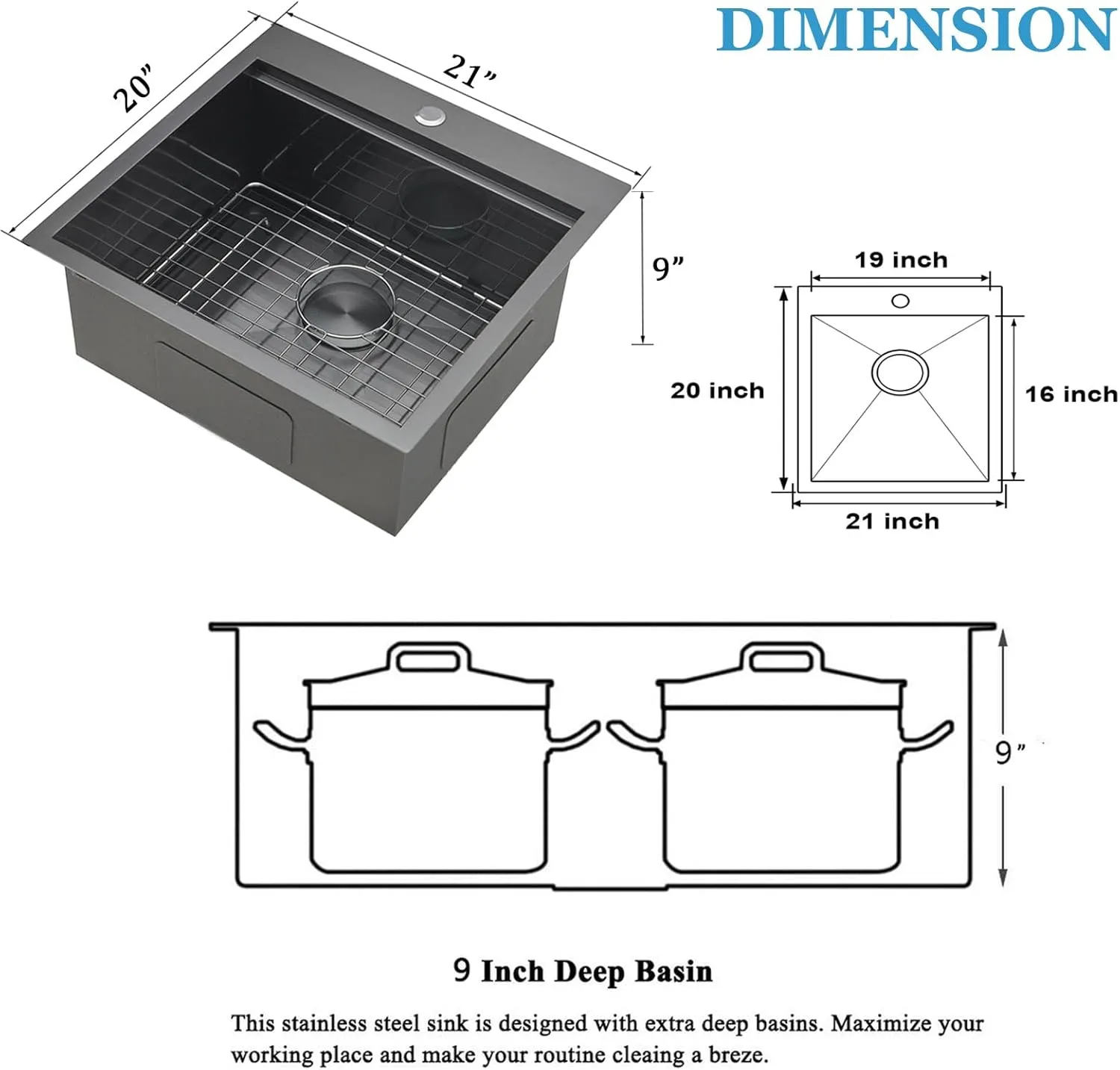 SHACO 21 Inch Black Drop In Kitchen Sink, 21x20 Inch Gunmetal Black Top Mount 16 Gauge Stainless Steel Single Bowl Workstation RV Small Kitchen Outdoor Laundry Wet Prep Sink with Accessories