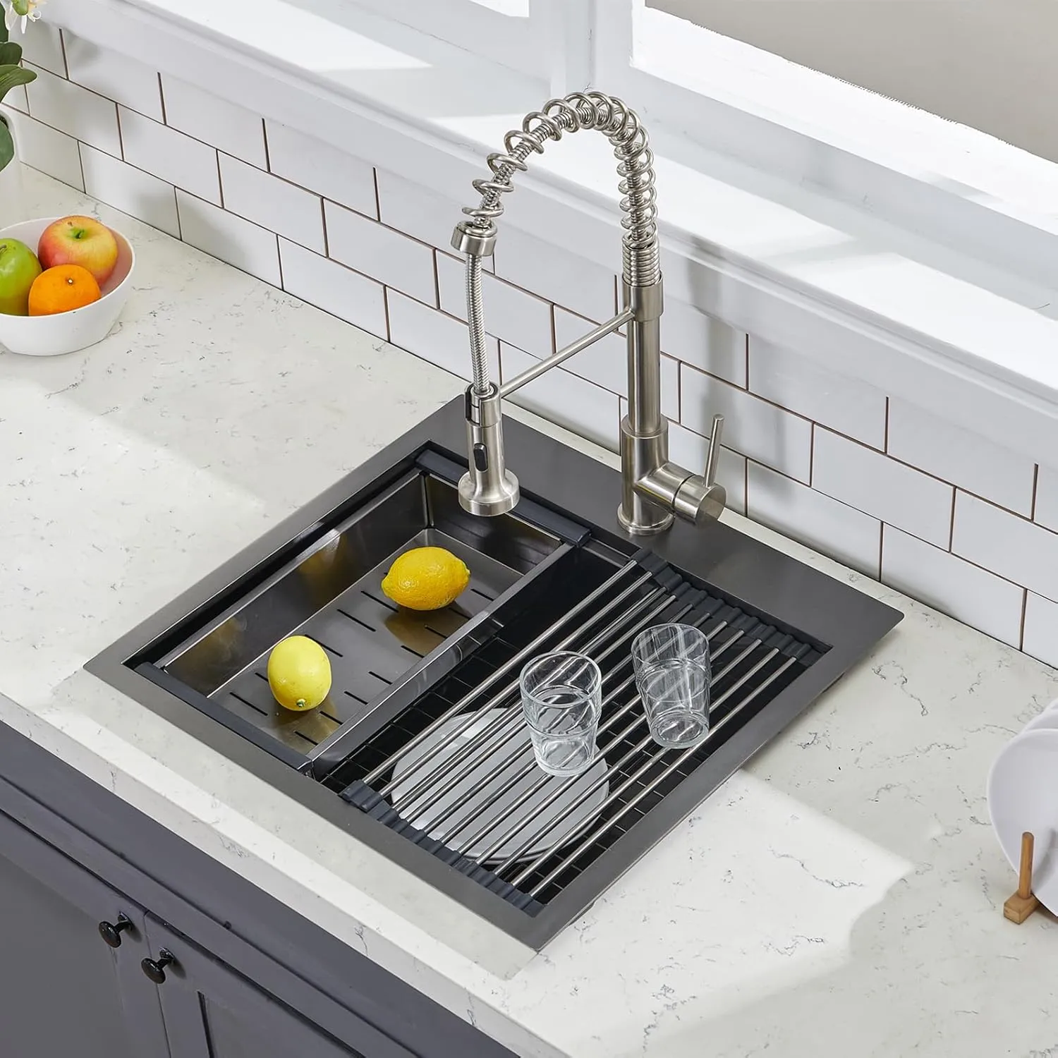 SHACO 21 Inch Black Drop In Kitchen Sink, 21x20 Inch Gunmetal Black Top Mount 16 Gauge Stainless Steel Single Bowl Workstation RV Small Kitchen Outdoor Laundry Wet Prep Sink with Accessories