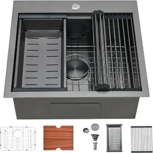 SHACO 21 Inch Black Drop In Kitchen Sink, 21x20 Inch Gunmetal Black Top Mount 16 Gauge Stainless Steel Single Bowl Workstation RV Small Kitchen Outdoor Laundry Wet Prep Sink with Accessories