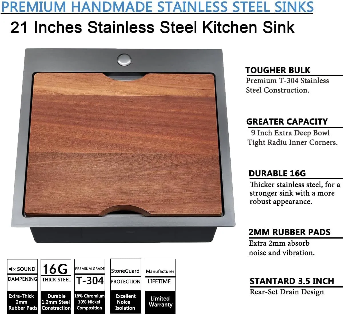 SHACO 21 Inch Black Drop In Kitchen Sink, 21x20 Inch Gunmetal Black Top Mount 16 Gauge Stainless Steel Single Bowl Workstation RV Small Kitchen Outdoor Laundry Wet Prep Sink with Accessories