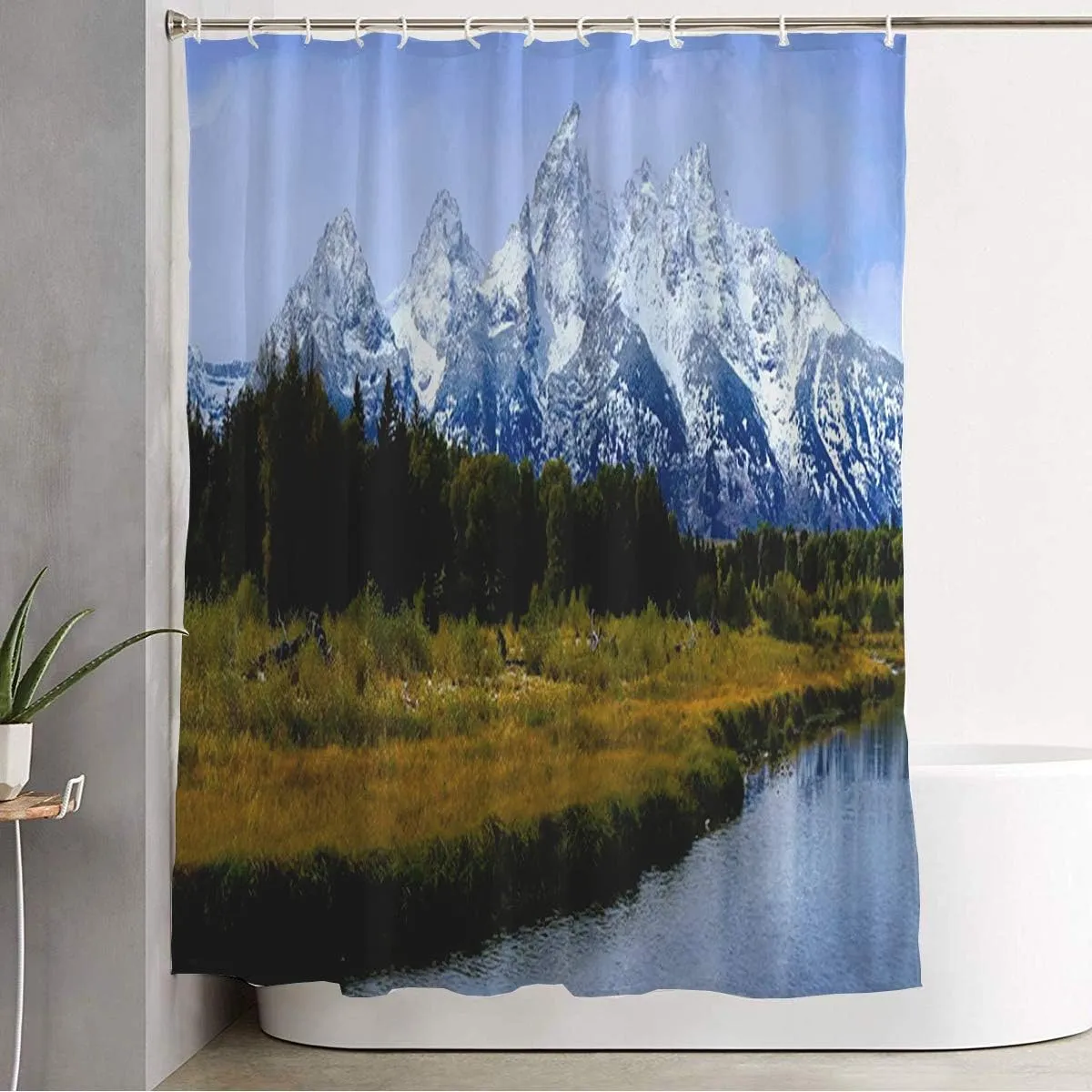 Shower Curtain Water Proof Trees Grand Tetons Teton Mountain Range Snowy Summit Nature River Scenery Snow Grass Parks Outdoor Cloth Fabric Bathroom Decor Set with Hooks 60" x 72"
