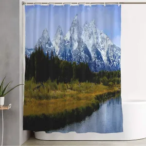 Shower Curtain Water Proof Trees Grand Tetons Teton Mountain Range Snowy Summit Nature River Scenery Snow Grass Parks Outdoor Cloth Fabric Bathroom Decor Set with Hooks 60" x 72"
