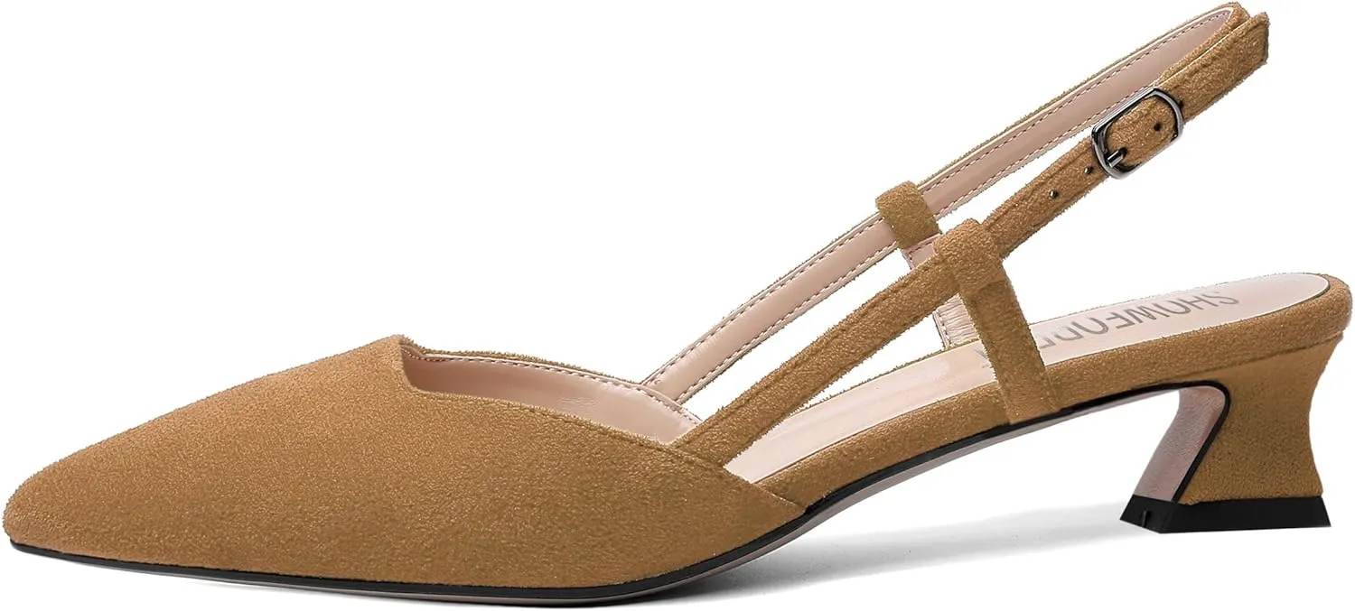 SHOWFOREST Womens Business Pointed Toe Suede Buckle Adjustable Strap Solid Closed Toe Kitten Low Heel Pumps Shoes 1.5 Inch