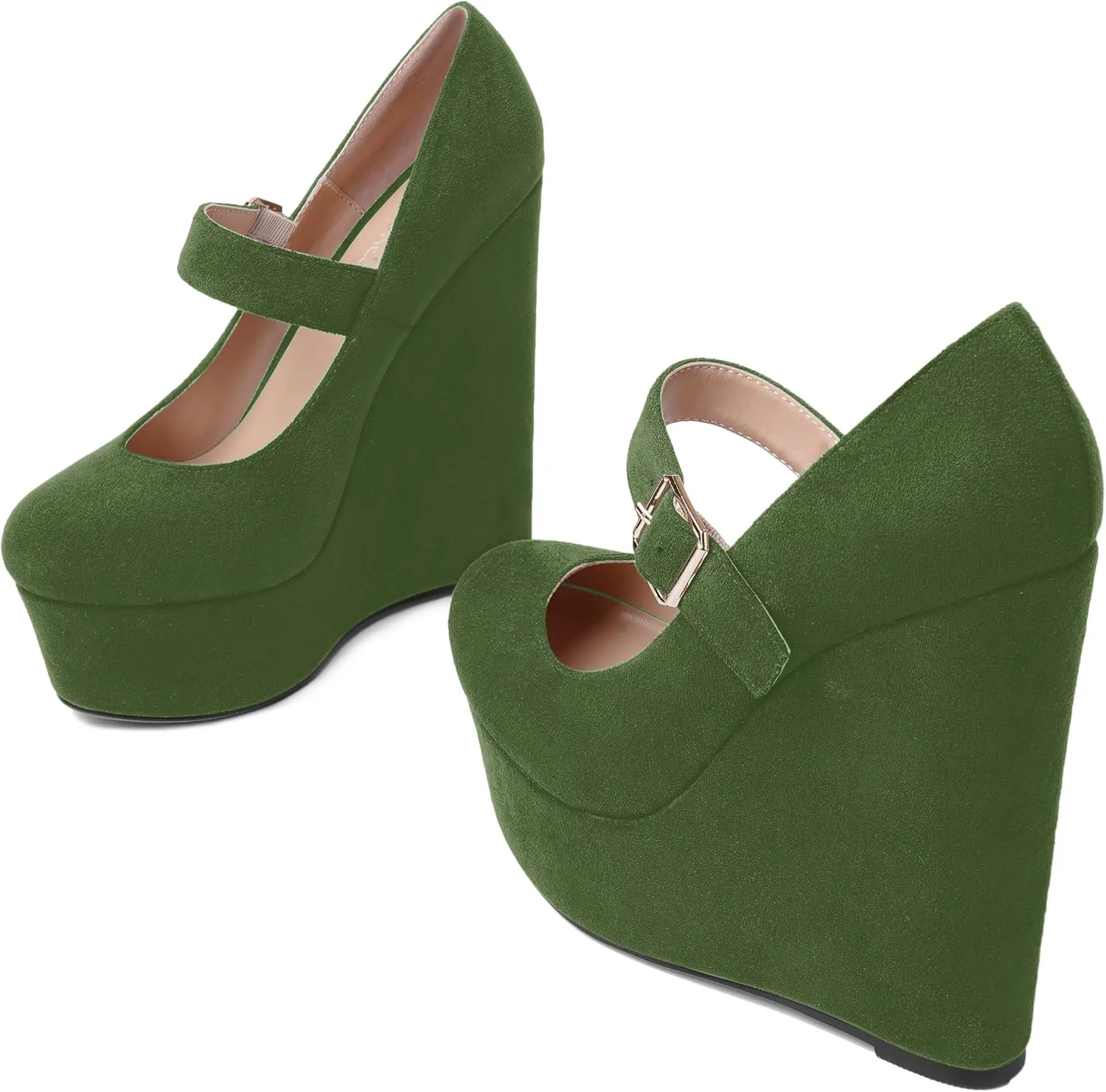SHOWFOREST Womens Sexy Wedding Platform Suede Buckle Adjustable Strap Solid Round Toe Wedge High Heel Pumps Shoes 6 Inch