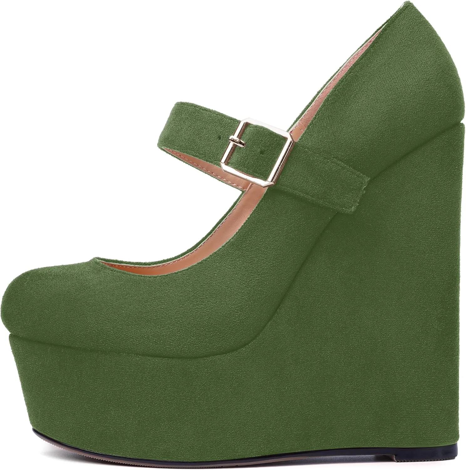 SHOWFOREST Womens Sexy Wedding Platform Suede Buckle Adjustable Strap Solid Round Toe Wedge High Heel Pumps Shoes 6 Inch