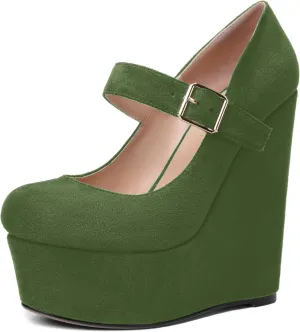 SHOWFOREST Womens Sexy Wedding Platform Suede Buckle Adjustable Strap Solid Round Toe Wedge High Heel Pumps Shoes 6 Inch