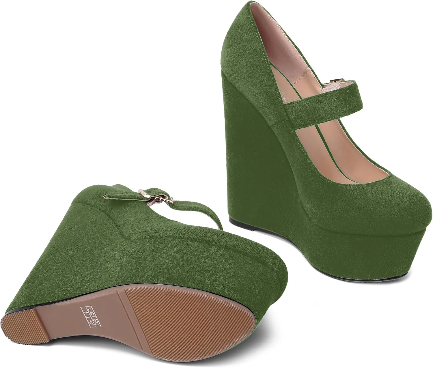 SHOWFOREST Womens Sexy Wedding Platform Suede Buckle Adjustable Strap Solid Round Toe Wedge High Heel Pumps Shoes 6 Inch
