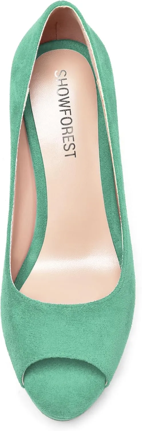 SHOWFOREST Womens Slip On Suede Dating Solid Peep Toe Sexy Wedge High Heel Pumps Shoes 4 Inch