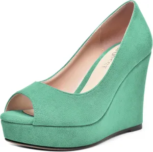 SHOWFOREST Womens Slip On Suede Dating Solid Peep Toe Sexy Wedge High Heel Pumps Shoes 4 Inch
