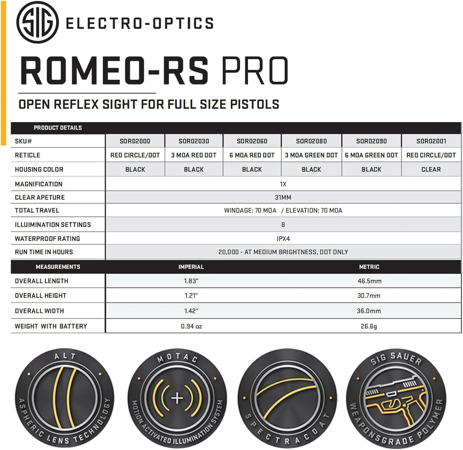 SIG SAUER Romeo-RS PRO Reinforced Steel 8 Brightness Modes Pistol Dot Sight with Aspherical Glass Lens | Compatible with Optic Ready P320, P226 & P229 - Red Dot/Green Dot Options