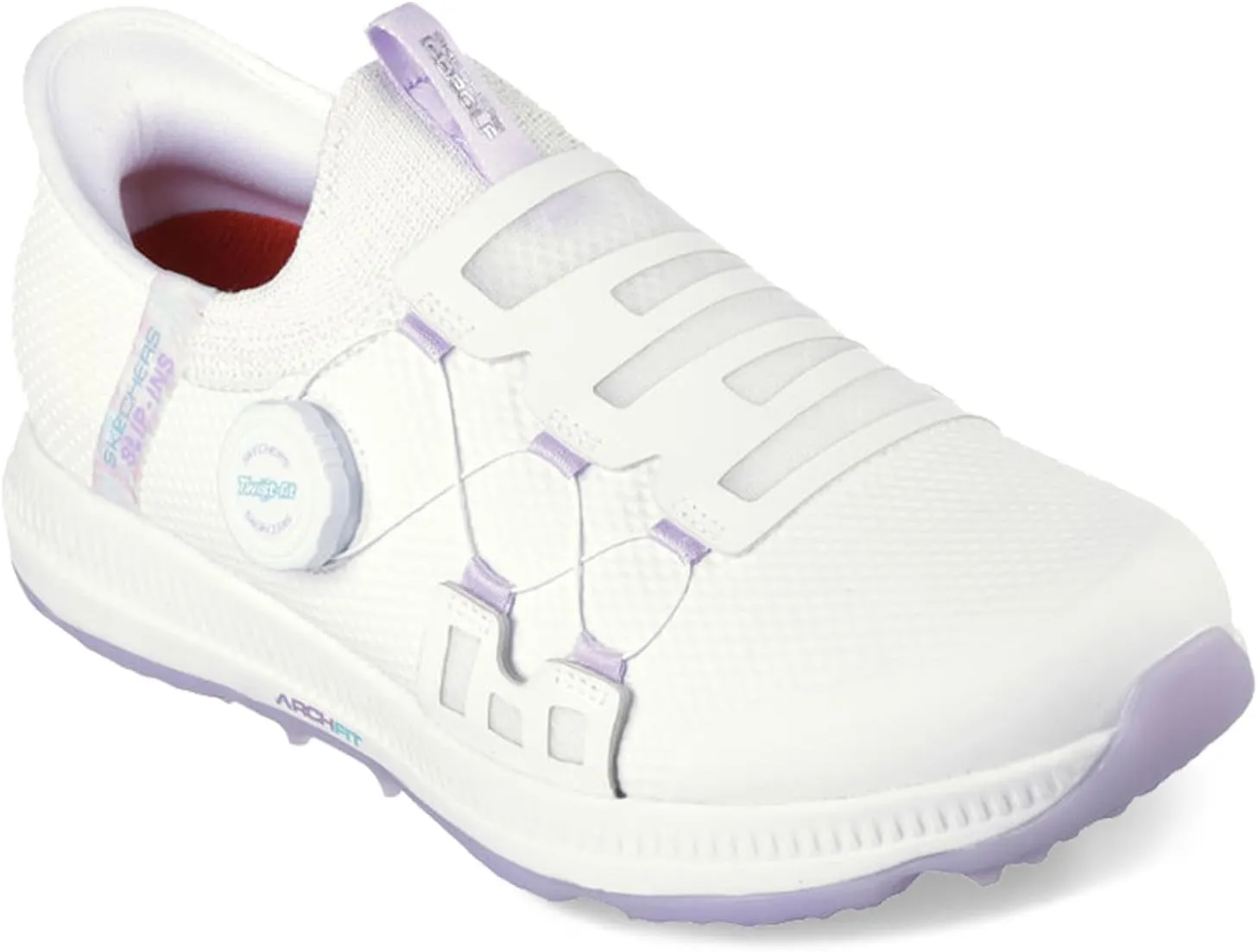 Skechers Women's Go Elite 5 Arch Fit Waterproof Slip in Golf Shoe Sneaker, White/Lavender, 7