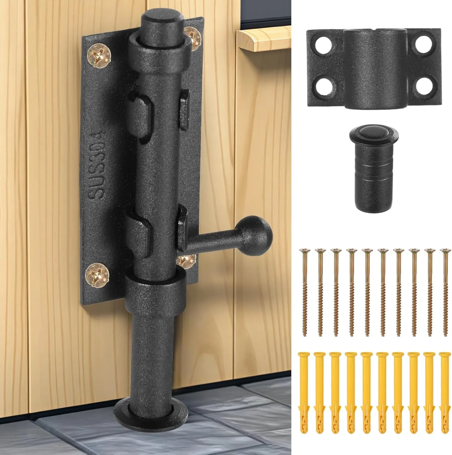 Slide Bolt Gate Latch for Wooden Fence 6 Inch, Heavy Duty Barrel Bolt Latch Matte Black, Solid 304 Stainless Steel Sliding Bolt Lock Door Latches for Yard Door, Barn Door
