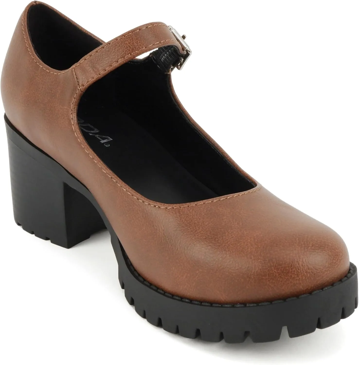 Soda “Boxer” ~ Women Mary Jane Round Toe Chunky Block Heel Lug Sole Pump with Adjustable Strap